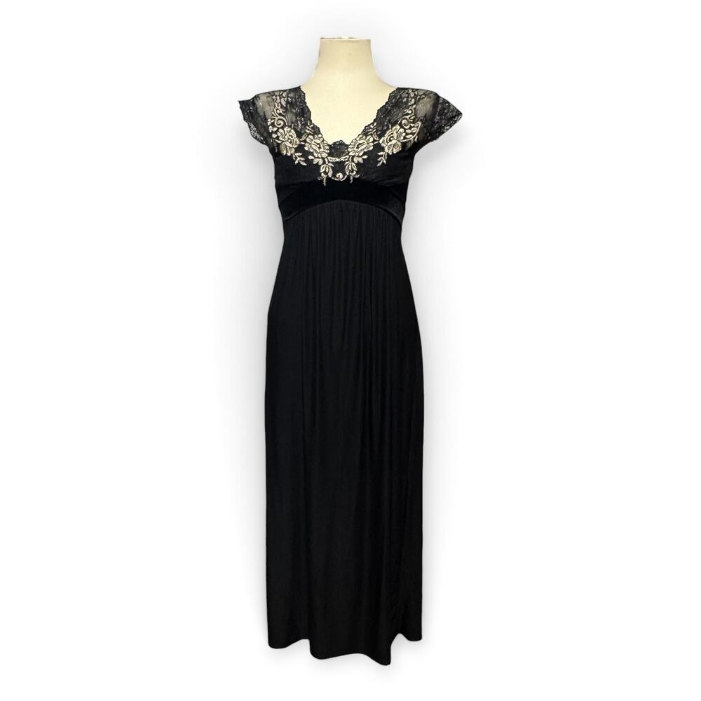 Soma Sleeveless Embroidered Lace Velvet Trim Nightgown Lounge Black XS